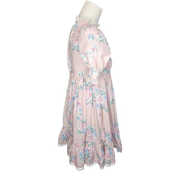 Vtg Daisy Kingdom Pink Floral Fit & Flare Dress Lace Trim Puff Sleeve Girls Sz 6 - Picture 3 of 8